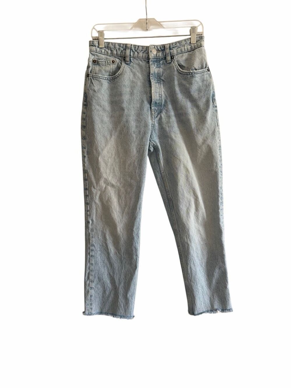 Zara Straight Cropped Straight Jeans Sz 6 High Waist Button Fly Fray Hem